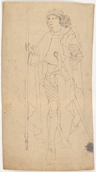 Knight in full armor, walking to the left, late 15th century, feather in black, verso: red chalk,