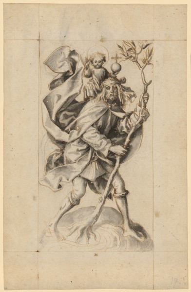 The hl., Christophorus, pen in brown and brush, over traces of chalk outline, gray washed,