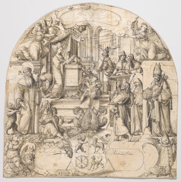 Broken glass for a lunette window with Christ in the temple, flanked by the saints Gallus and