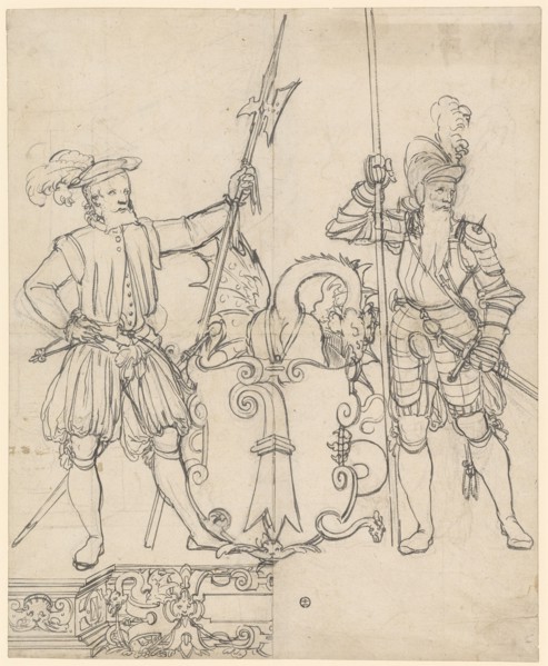 Broken glass with two warriors and the Basel coat of arms, feather (brush?), In dark gray, over
