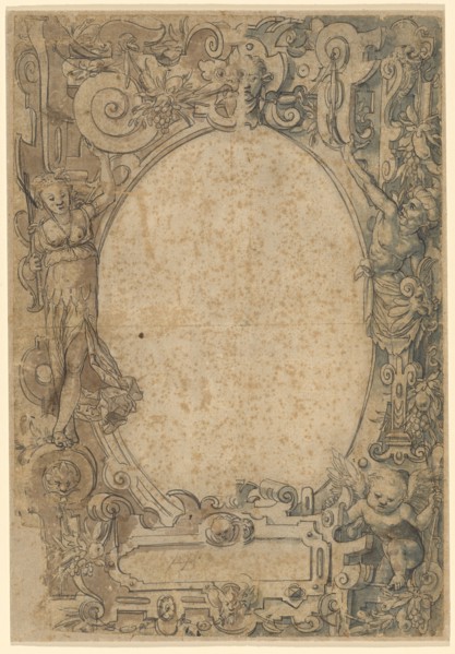 Broken glass with an oval frame and empty middle picture, feather (brush?) In dark gray, brown