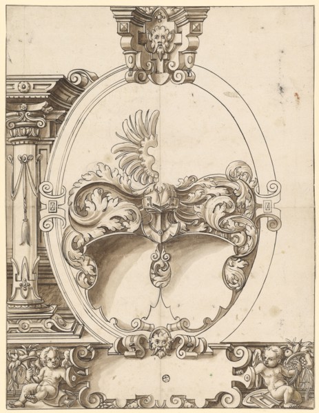 Broken glass with oval frame and two blank escutcheons, feather in black, brown wash, sheet: 38.4 x