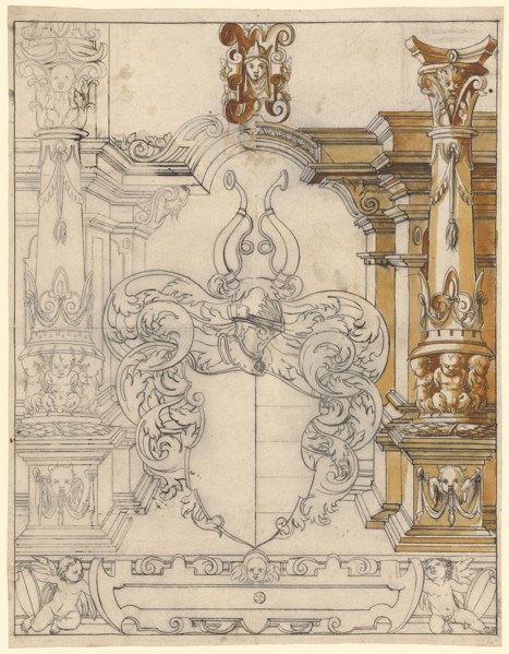 Broken glass with empty blazon, pen in black, partly orange-brown watercolored, remains of a