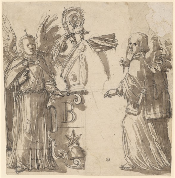 Two angels as a shield holder and the coat of arms of the abbot Simon Feunat of Bellelay, c. 1576,