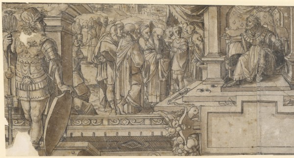 Design for a top picture with Rehabeam's cockiness (left half), pen in black, brown wash, sheet: 16