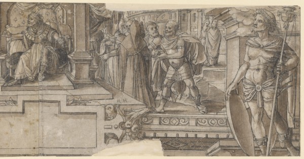 Design for an Upper Picture with Rehabeam's Supremacy (right half), c. 1574/75, feather in black,