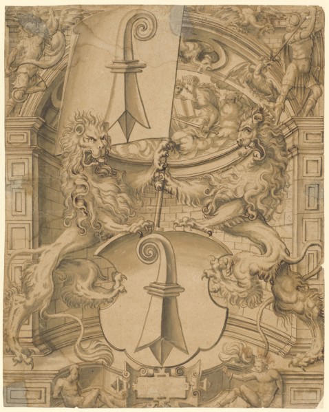 Disc tear with two lions as shield attendants and the coat of arms of the Basel stand, in the upper