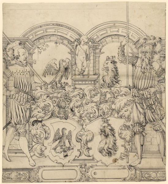 Broken glass with two shield attendants and the crests Falkner and Irmi, on the center pillar Cupid