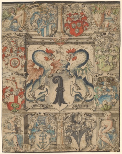 Broken glass with two basilisks as shield attendants and the Basel coat of arms, framed by eight