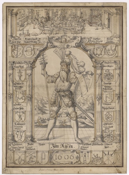 Disc ripped with armed giants, surrounded by 18 guild arms, in the upper guild guild, 1606, pen in