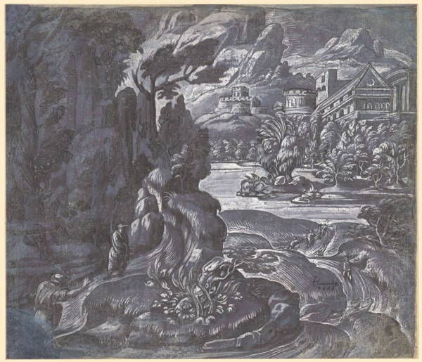 Fantastic mountainous landscape with hikers, feather and brush in black and gray, heightened in