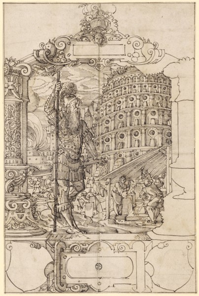 Broken glass with battlements to Babel, including two empty escutcheons, 1571, feather in dark