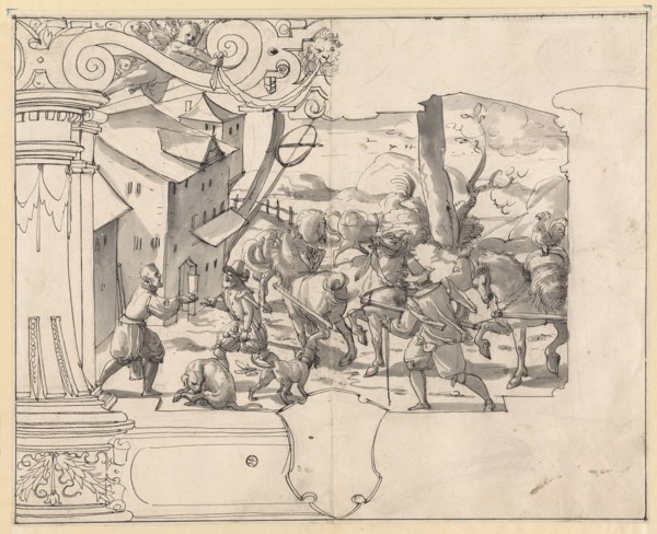 Broken glass with driver in front of a tavern, below blank blazon, feather in black, partly gray