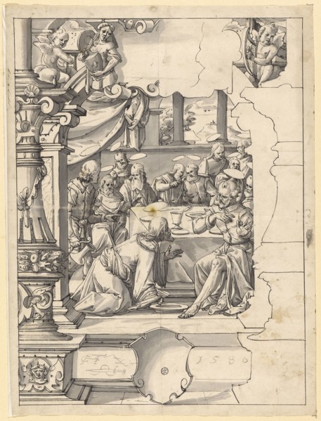 Disc tear with Christ, who washes the feet of the disciples, below empty heraldic shield, 1580,