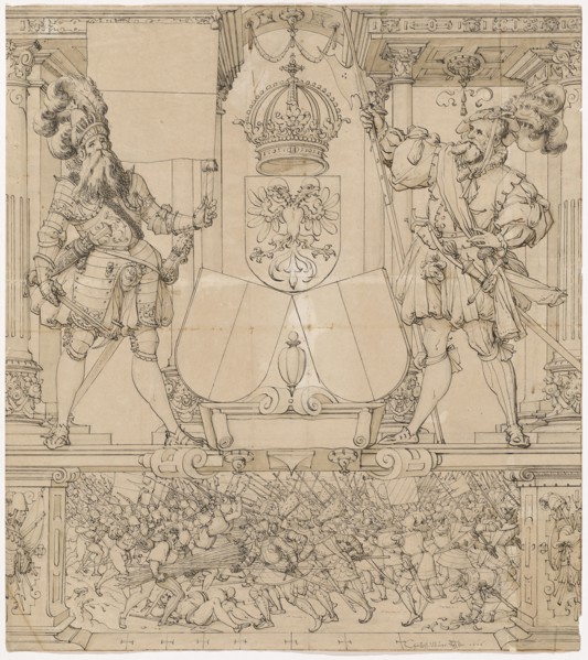 Disc tear with standard bearer and halberdier as shield attendants and coat of arms of Lucerne, in