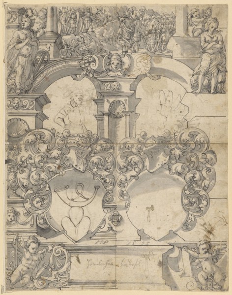 Disc tear with two empty coats of arms (later coat of arms hornlocher added), flanked above by