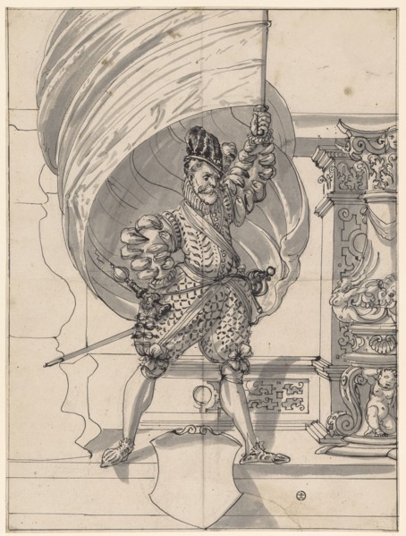 Broken glass with standard bearer, below blank blazon, c. 1585, pen in black, gray washed, sheet: