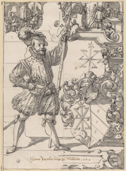 Disc break with musketeer as sign accompanist and coat of arms Hans Werner von Mühlhausen, in the