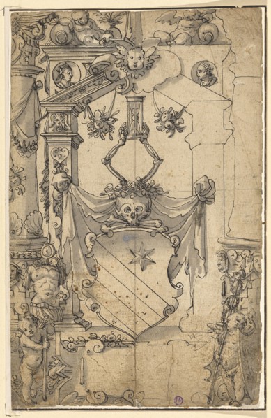 Broken glass with coat of arms of Conrad Lycosthenes (Wolfhart) by Rouffach, 1585, pen in black,