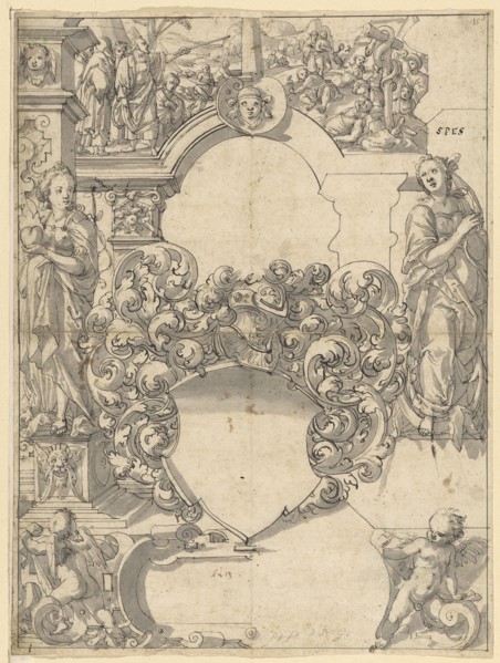 Broken glass with blank escutcheon, flanked by Fides and Spes, om Upper picture Erection of the