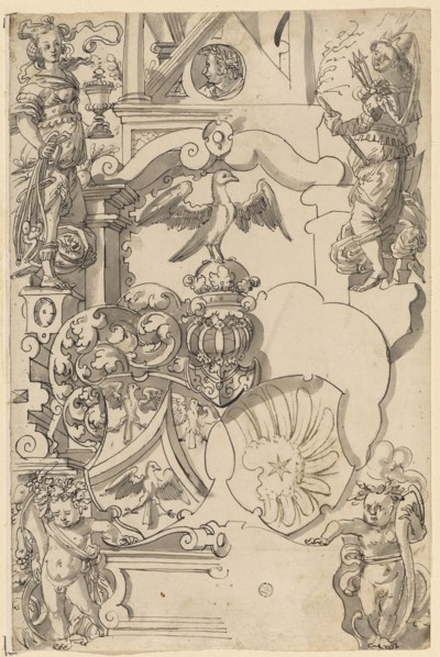 Worn plate with the alliance crest Wentz (/ later Sulzberger), flanked above by Temperantia and