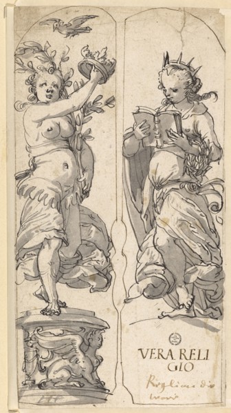 Two partial designs with Pax and Religio, feather in black, gray washed, on each side angrily,