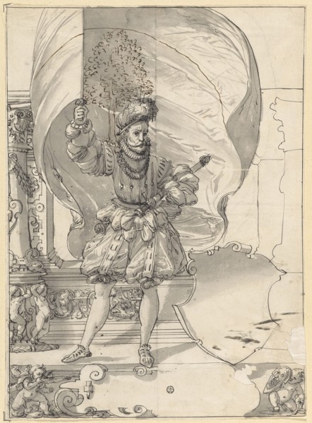 Disc tear with standard bearer and blank blazon, feather in black, gray washed, with feather in