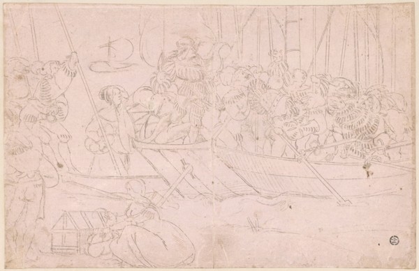 Confederate Warriors in boat, 1st half of the 16th century, metal pencil, on paper primed in light