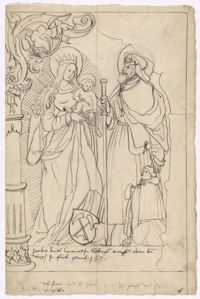 Slice tear with Maria and child, hl., Jakobus major and kneeling donor, below the coat of arms