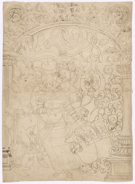 Broken glass with young and old couple and coat of arms Schweiger, in the upper picture dancing