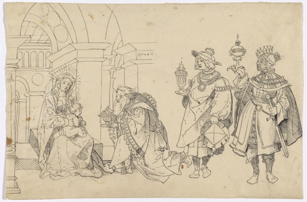 Adoration of the Magi under a Renaissance arch, 1524, feather in dark gray to black, folia: 20.4 x