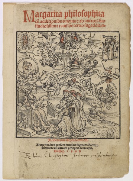 Family tree of the liberal arts, 1508, woodcut, colored, sheet: 13.1 x 12.7 cm, Meister DS (Daniel
