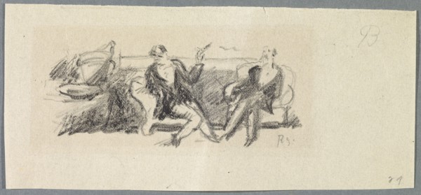 Untitled [Two gentlemen sitting on a sofa], 1918, pencil on thin paper, mounted on secondary