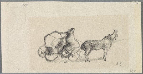 Untitled [Side view of carriage with horse], 1918, pencil on thin paper, mounted on secondary