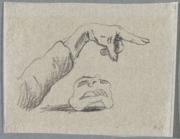 Untitled [A hand with outstretched index finger over a lying mask], 1918, pencil on thin paper,
