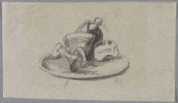 Untitled [Champagne cooler with bottle and glass with a mask on a tray], 1918, pencil on thin