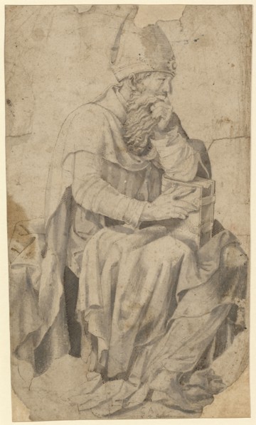 Seated Bishop or Father of the Church, 1544, pen in brown, gray washed, mounted, sheet: 25.4 x 14.5
