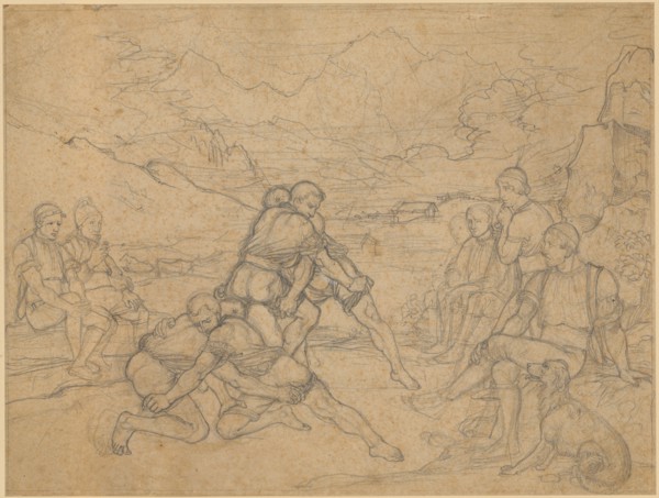 Alpine swing on mountainous pasture, pencil on yellowish paper, single-line rectangle border,