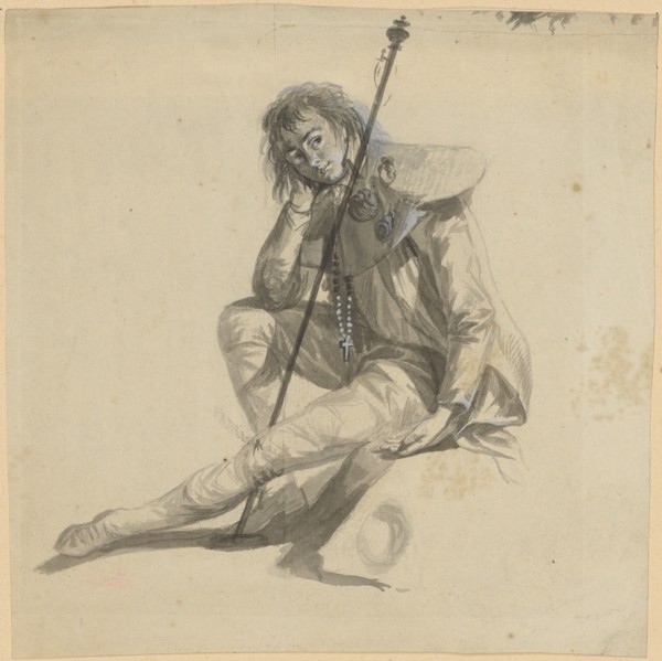Resting, sitting, bareheaded young pilgrim, ink and red chalk, heightened in white, verso: red