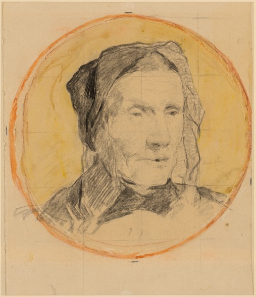 Breast portrait of an old Bernese peasant woman in a traditional bonnet, charcoal and watercolor,