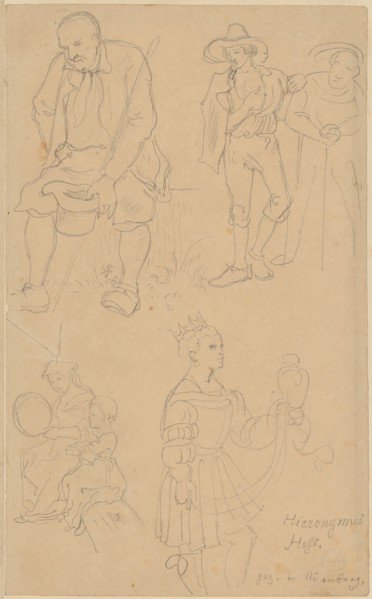 Study sheet: Above, a sitting farmer with a hat in his hand, next to a lazzaroni with a monkish