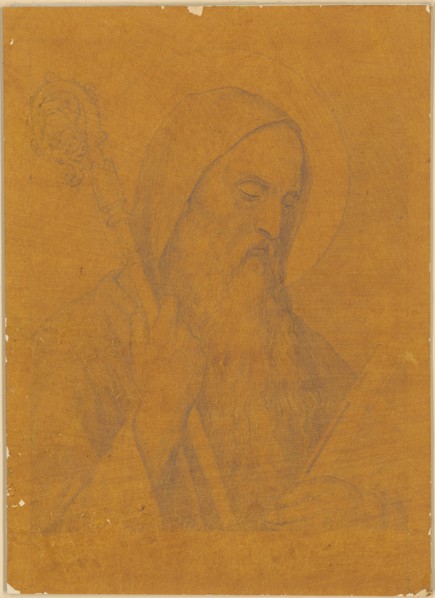 Breast image of a bearded holy hermit, pencil on brown tracing paper, mounted on cardboard, page: