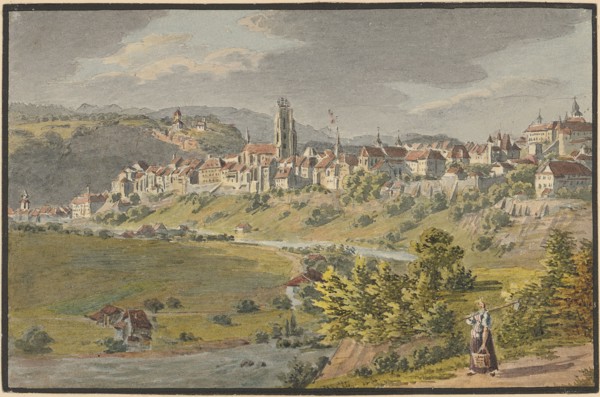 View of Freiburg i., Sculpture, watercolor over pencil, single-line rectangle edging, sheet: 8.6 x