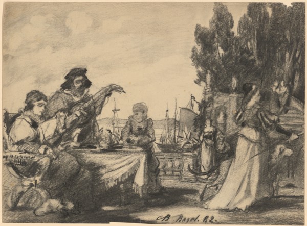 Terrace by the sea with a musical society, 1882, chalk, sheet: 27.7 x 37.7 cm, U. M. inscribed with