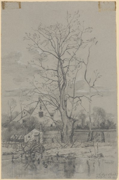 Two rural gabled houses in a garden behind Lattenhägen, in front of a pond with ducks and an almost