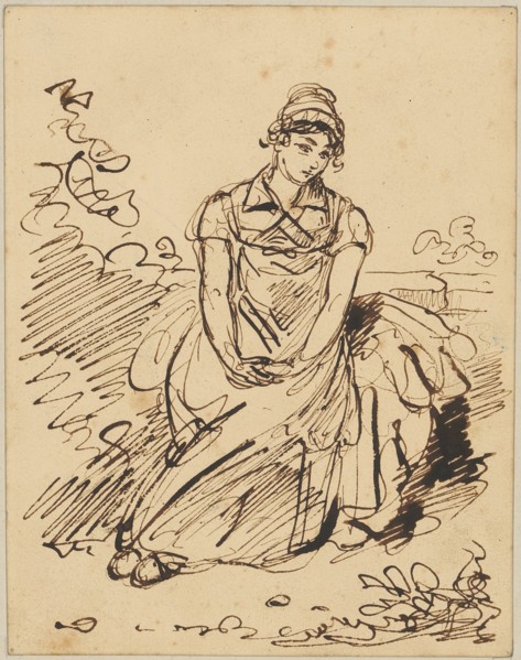 Seated girl with hands laid idly in her lap, sitting at the edge of the road, feather in brown,