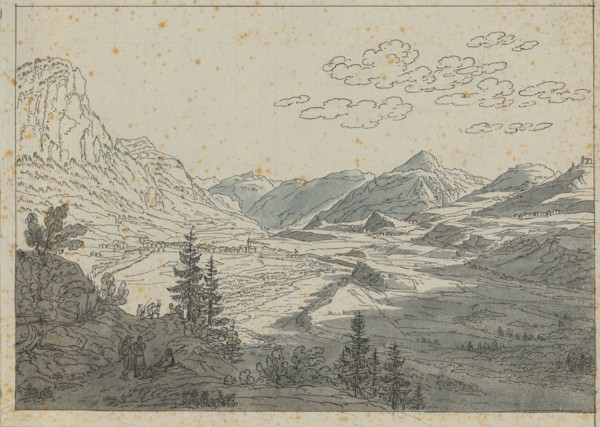Schamserthal by Zillis, ink and quill, washed, rectangular edging, quadratic netting in pencil,