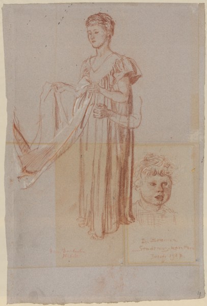Study on a standing young girl folding a cloth, 1907, red chalk, heightened with white, on
