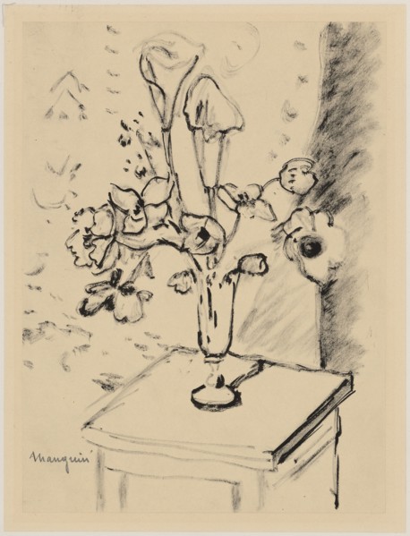 Still life with flowers, ink on yellowish paper, leaf: 26.8 x 19.9 cm, U. l., Signed in pencil: