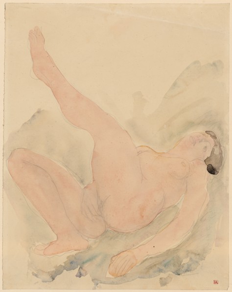 Female, lying nude, watercolor and pencil, leaf: 34.7 x 27.9 cm, U. r., monogrammed in pencil: AR,